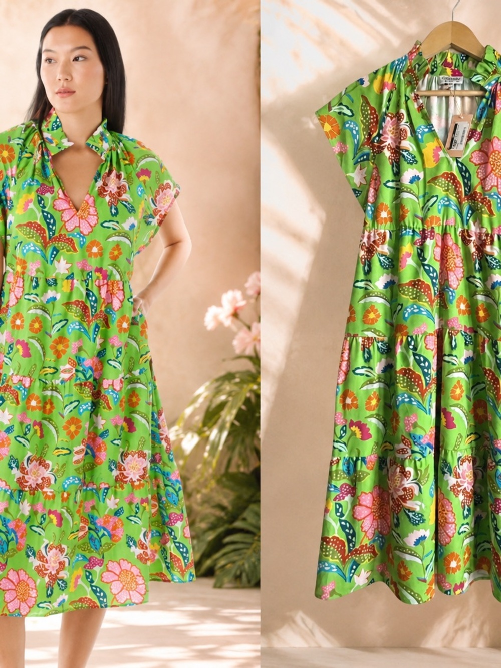 CROSBY by Mollie Burch Watts Botanical Garden Green Floral Tiered Midi Dress - S
